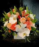 A white and orange arrangement with a variety a premium blooms such as orchids, roses and mini calla lilies in light and dark shades. Arranged with mixed greenery in a cube container.
